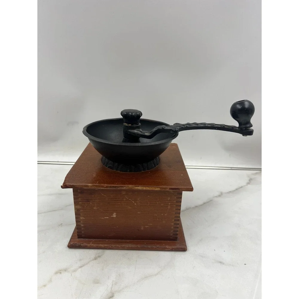 Vintage Olde Thompson Wood Coffee Mill Manual Hand Crank Grinder Cast Iron Black